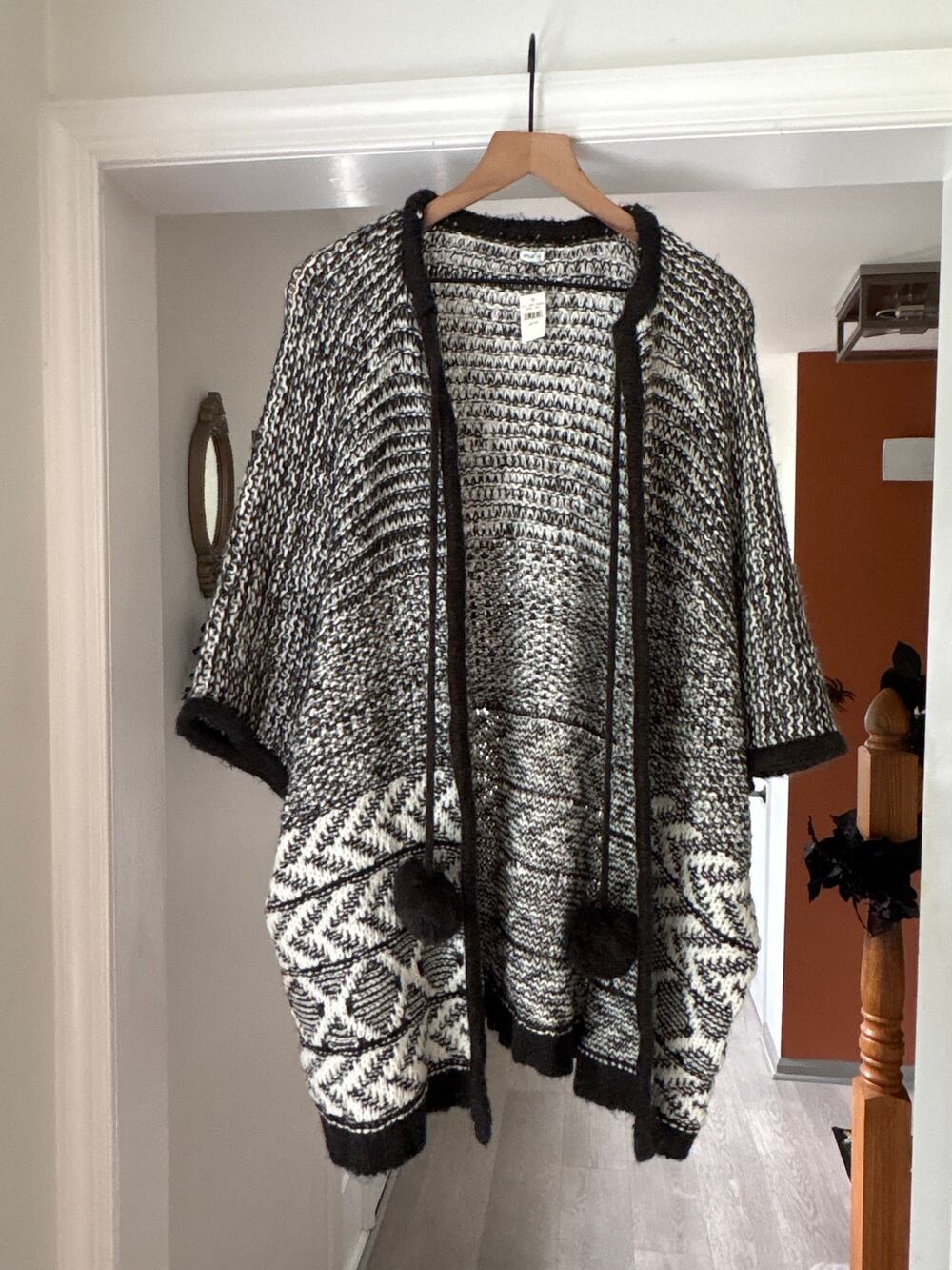 NWT Aerie Chunky Knit Pom Poncho Sweater Open Front Cardigan Nordic Fair Isle